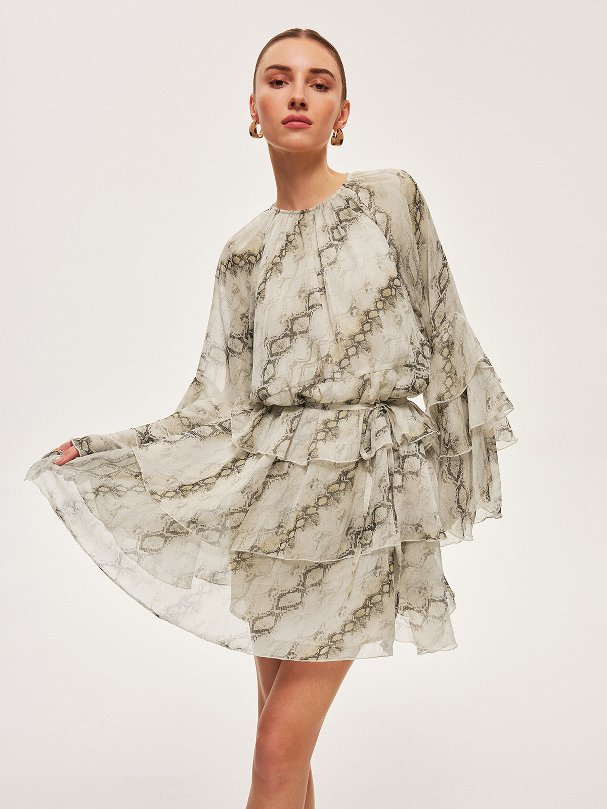 Sheer Print Ruffle Tie-Waist Dress-Massicos