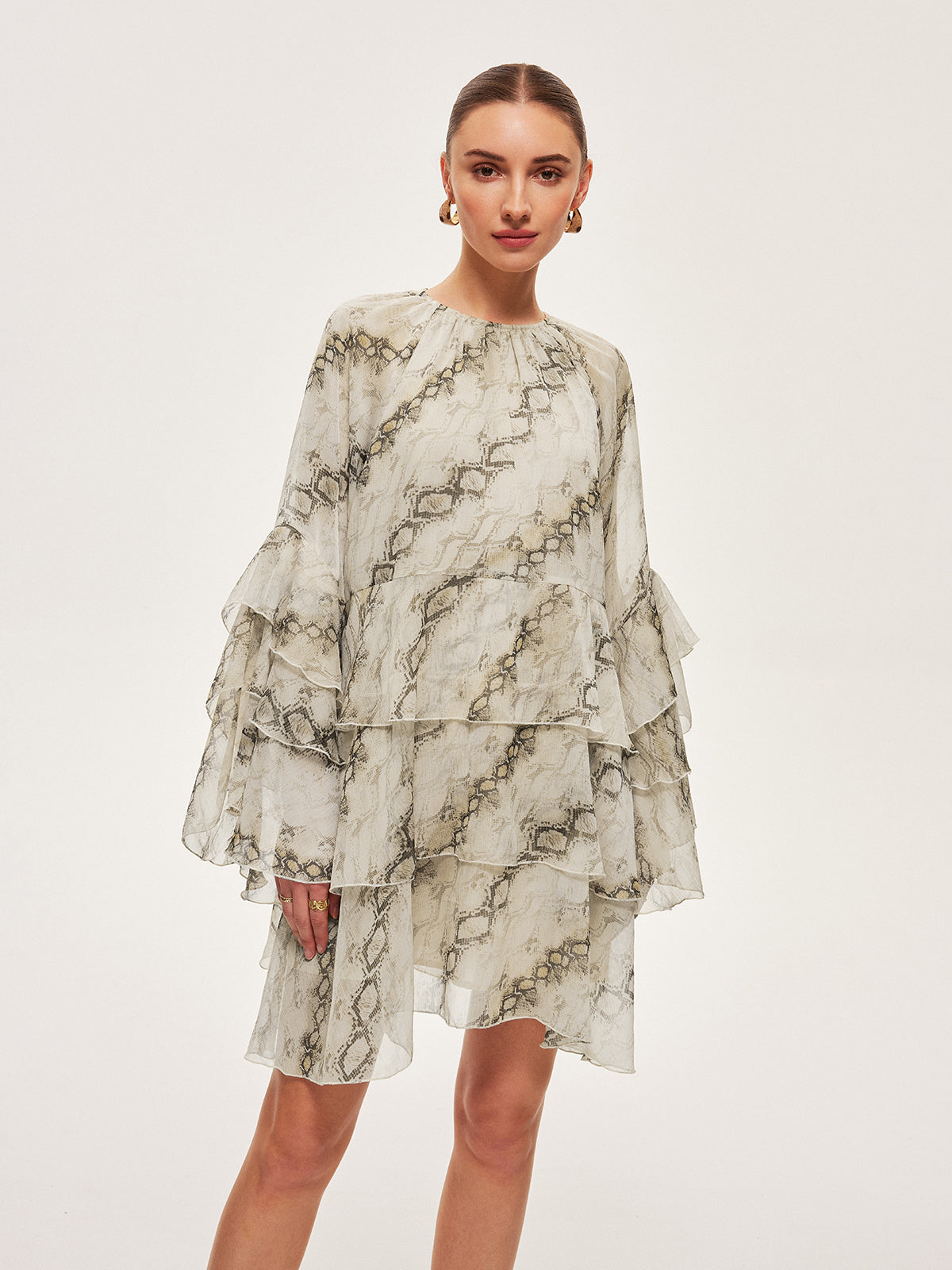 Sheer Print Ruffle Tie-Waist Dress-Massicos