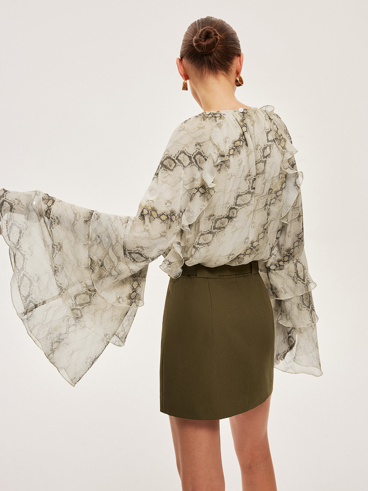 Semi-Sheer Print Ruffle Sleeve Chiffon Blouse-Massicos