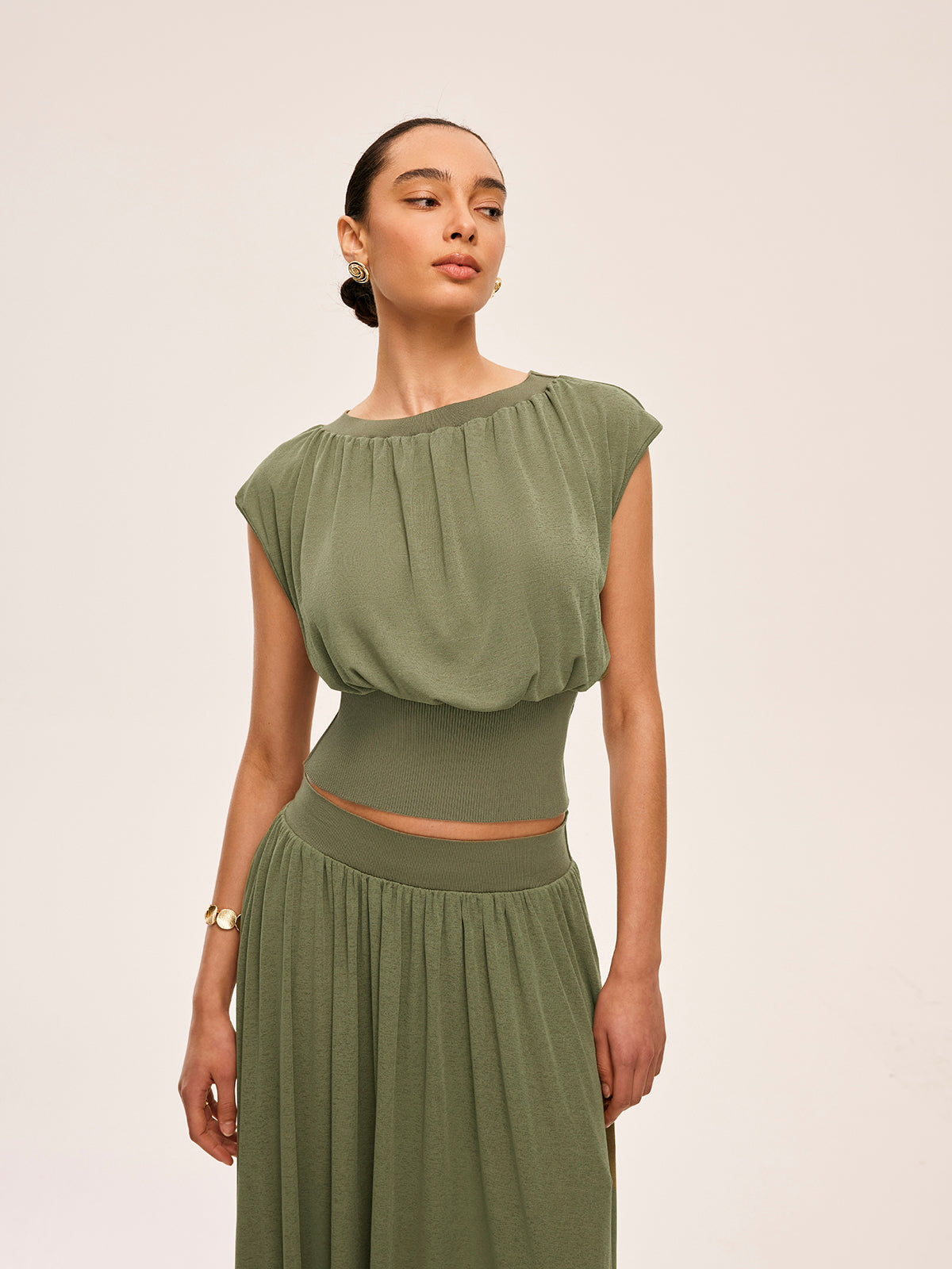 Gathered Waist Top With Flowy Skirt Set-Massicos