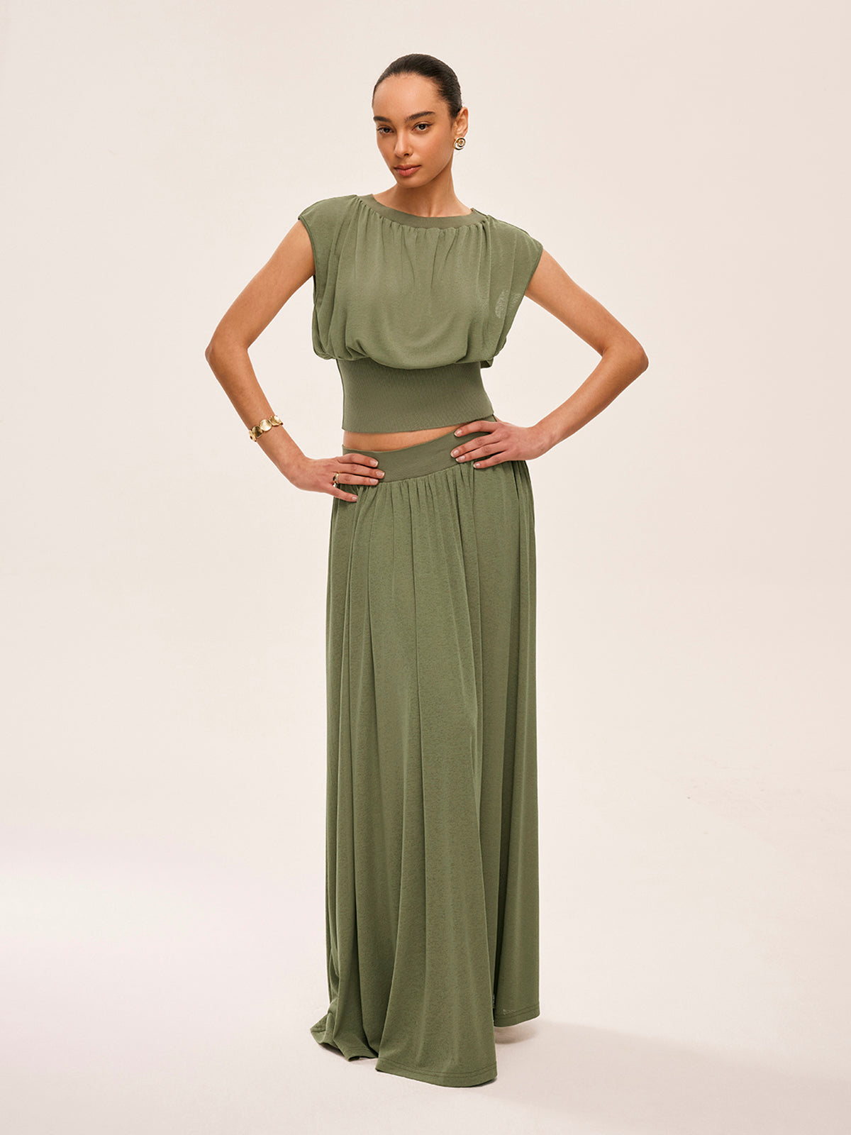 Gathered Waist Top With Flowy Skirt Set-Massicos