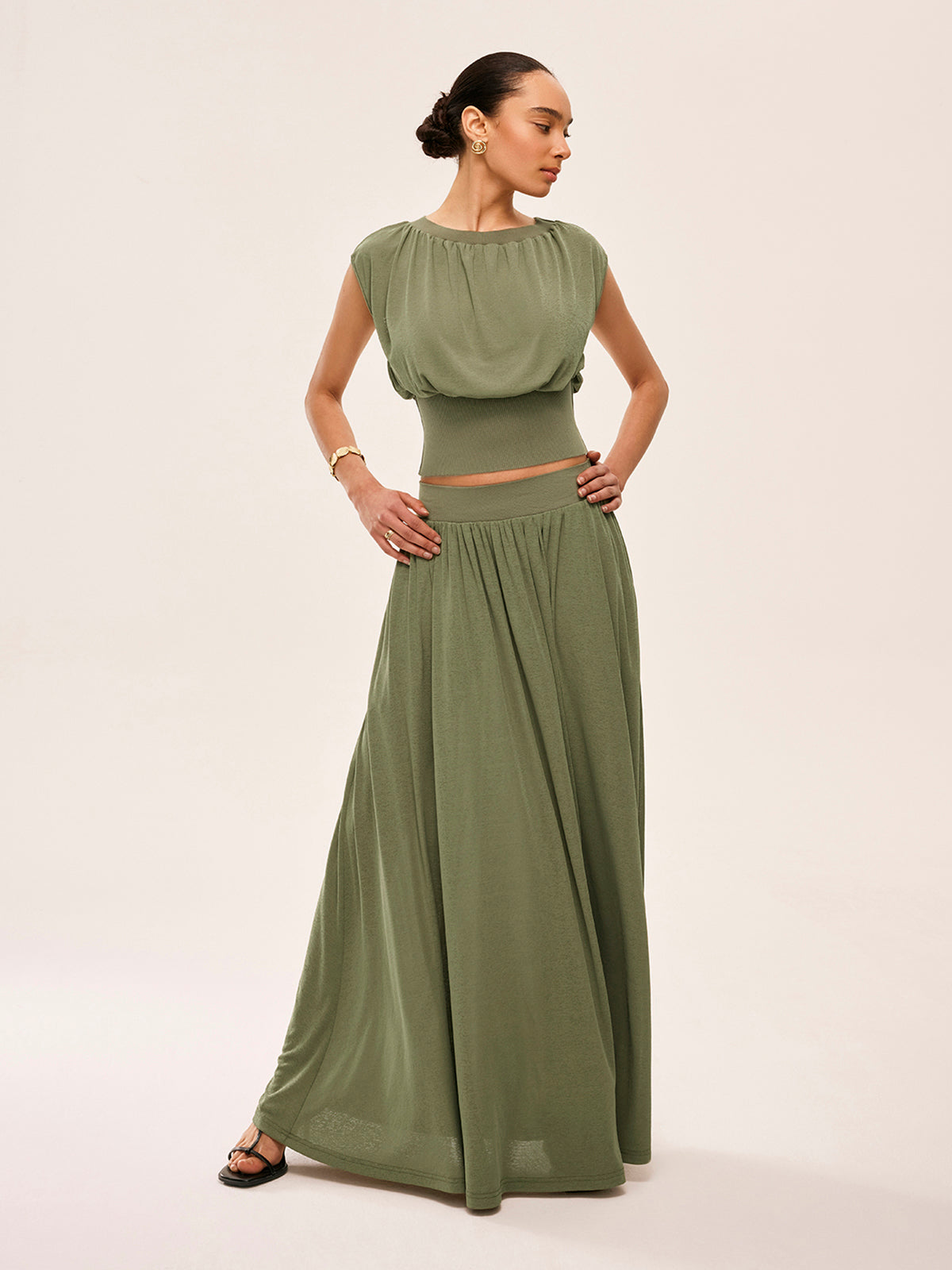 Gathered Waist Top With Flowy Skirt Set-Massicos