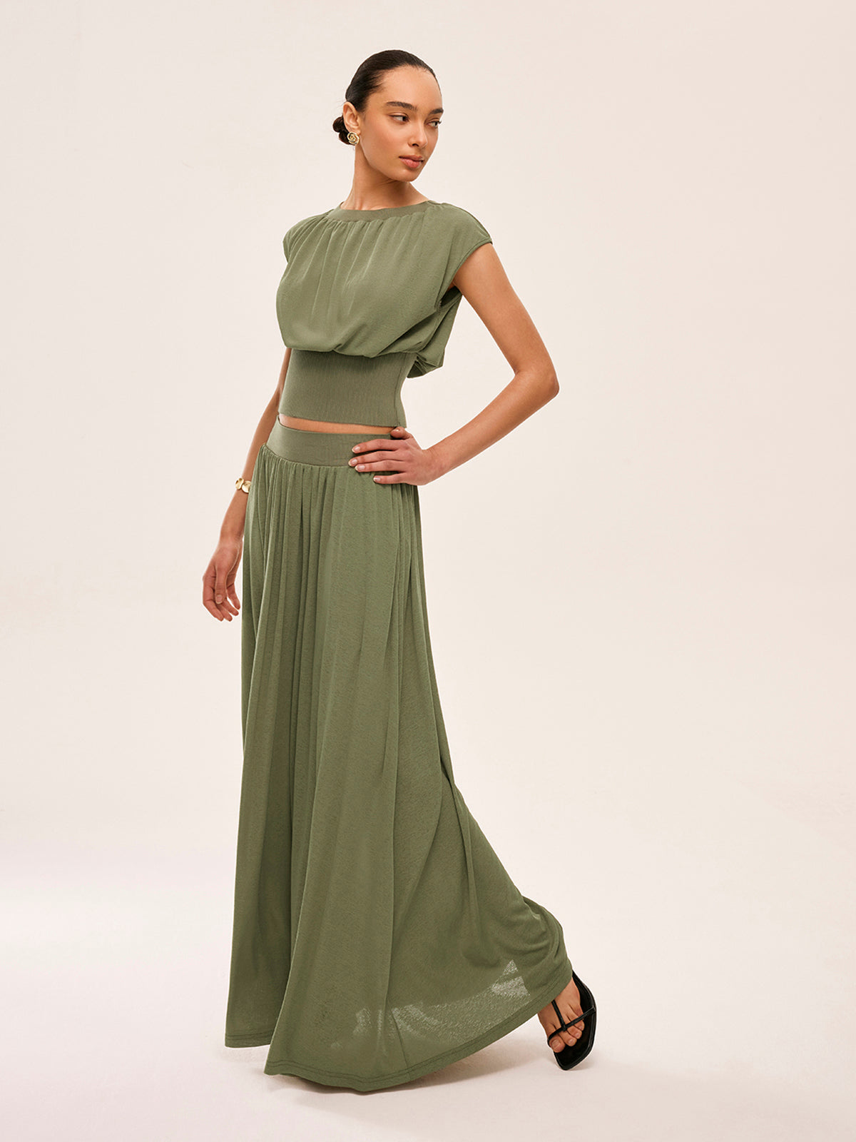 Gathered Waist Top With Flowy Skirt Set-Massicos