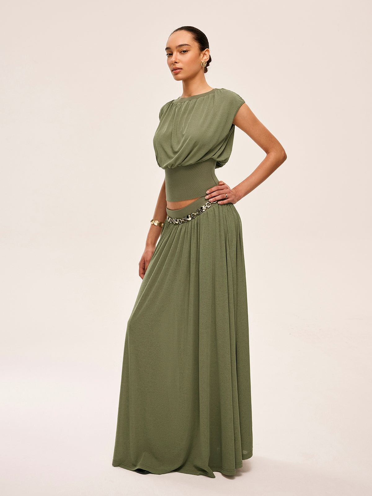 Gathered Waist Top With Flowy Skirt Set-Massicos