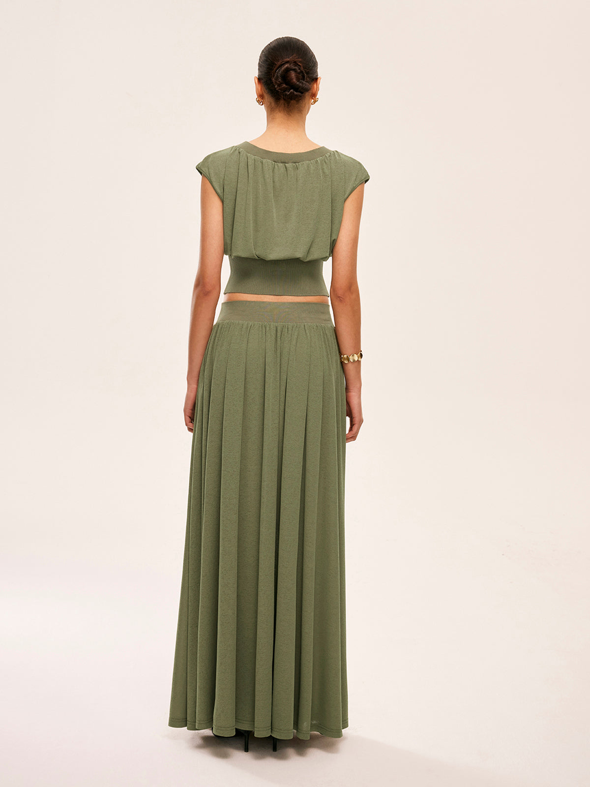 Gathered Waist Top With Flowy Skirt Set-Massicos