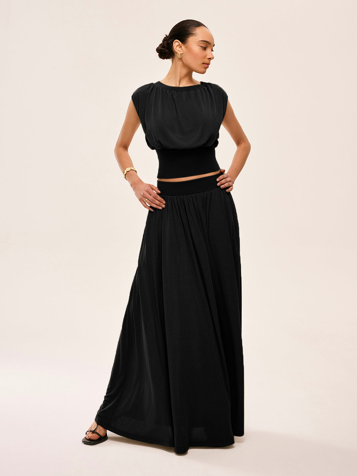 Gathered Waist Top With Flowy Skirt Set-Massicos