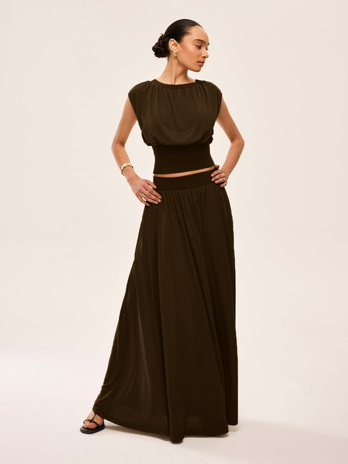 Gathered Waist Top With Flowy Skirt Set-Massicos