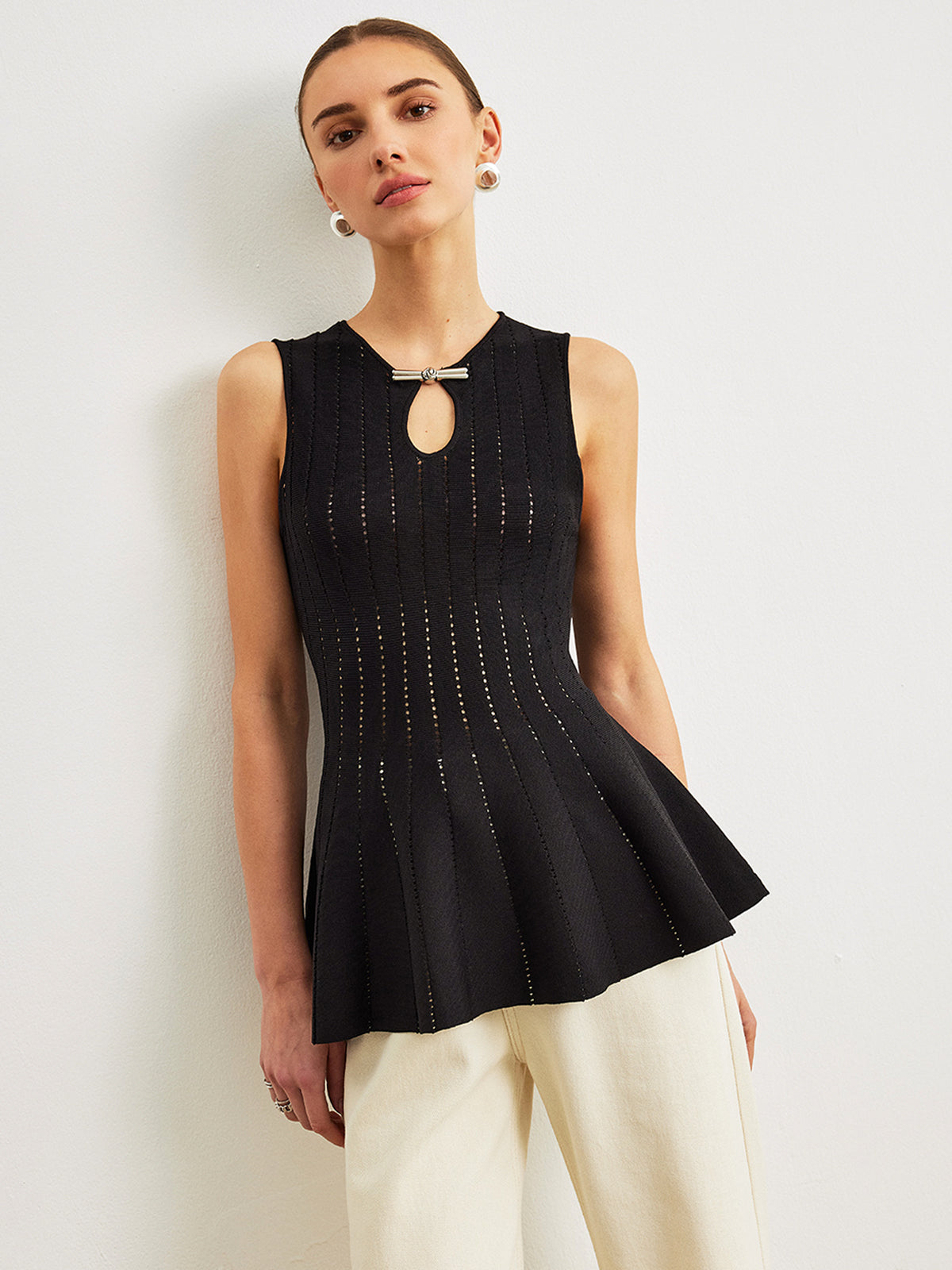 Semi-Sheer Knit Peplum Top With Bow Detail-Massicos