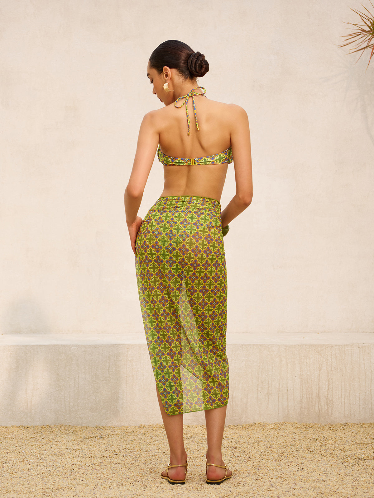 Retro Print Tie-Waist Mesh Cover-Up-Massicos