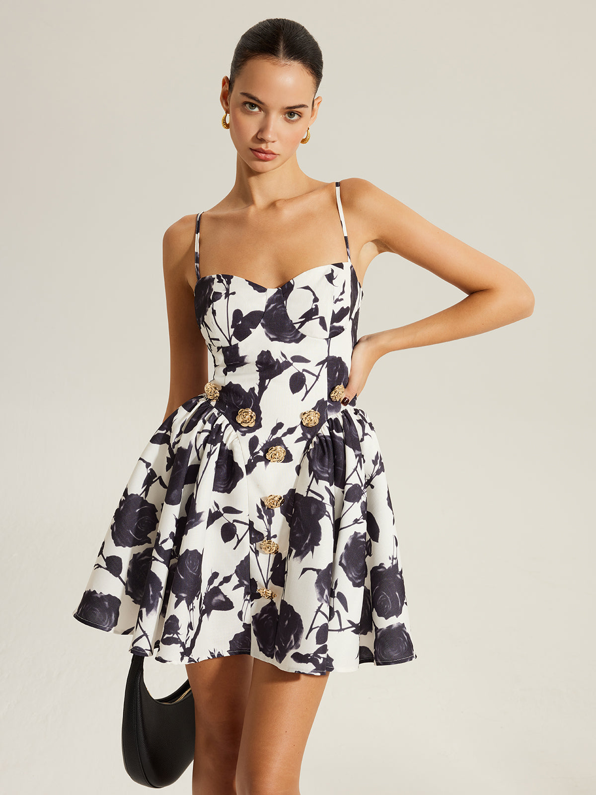 Floral Print Metal Detail Zipper Spaghetti Strap Dress-Massicos