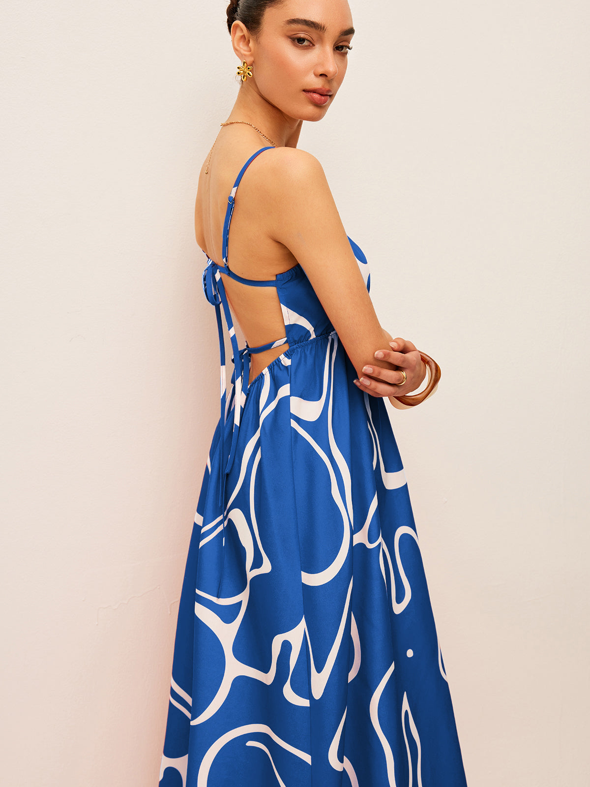Printed Back Tie Detail Dress-Massicos