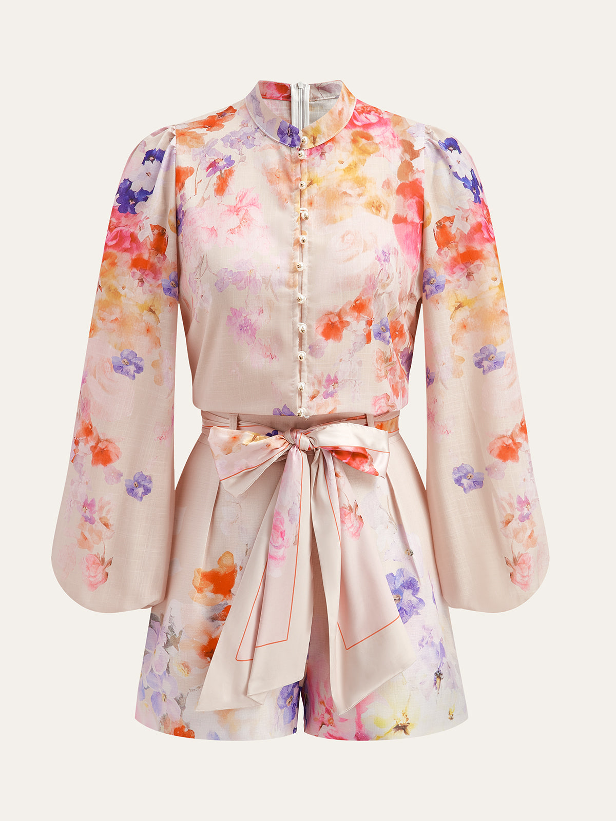 Watercolor Floral Belted Shorts Set-Massicos