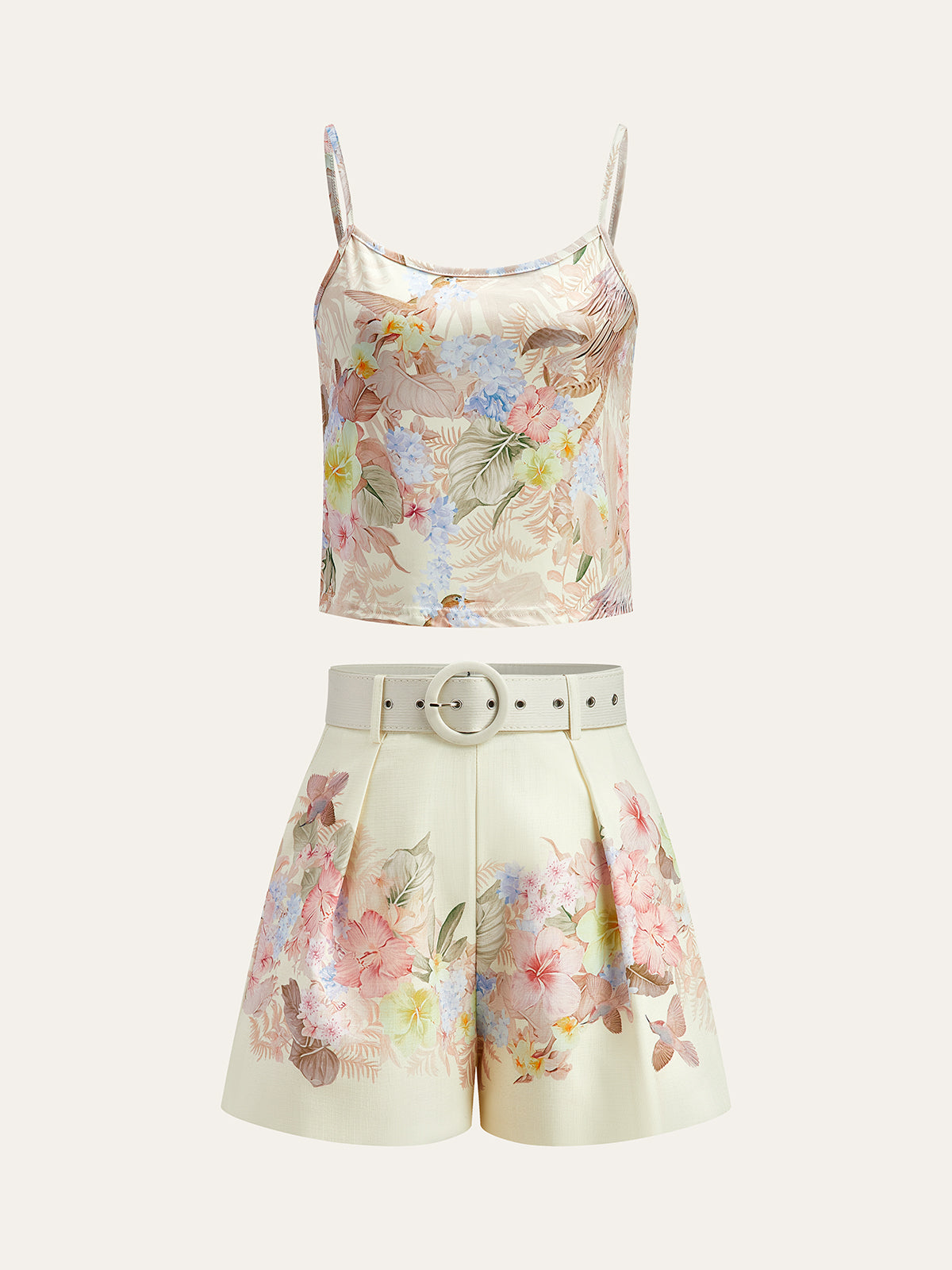 Floral Print Three-Piece Shorts Set With Belt-Massicos
