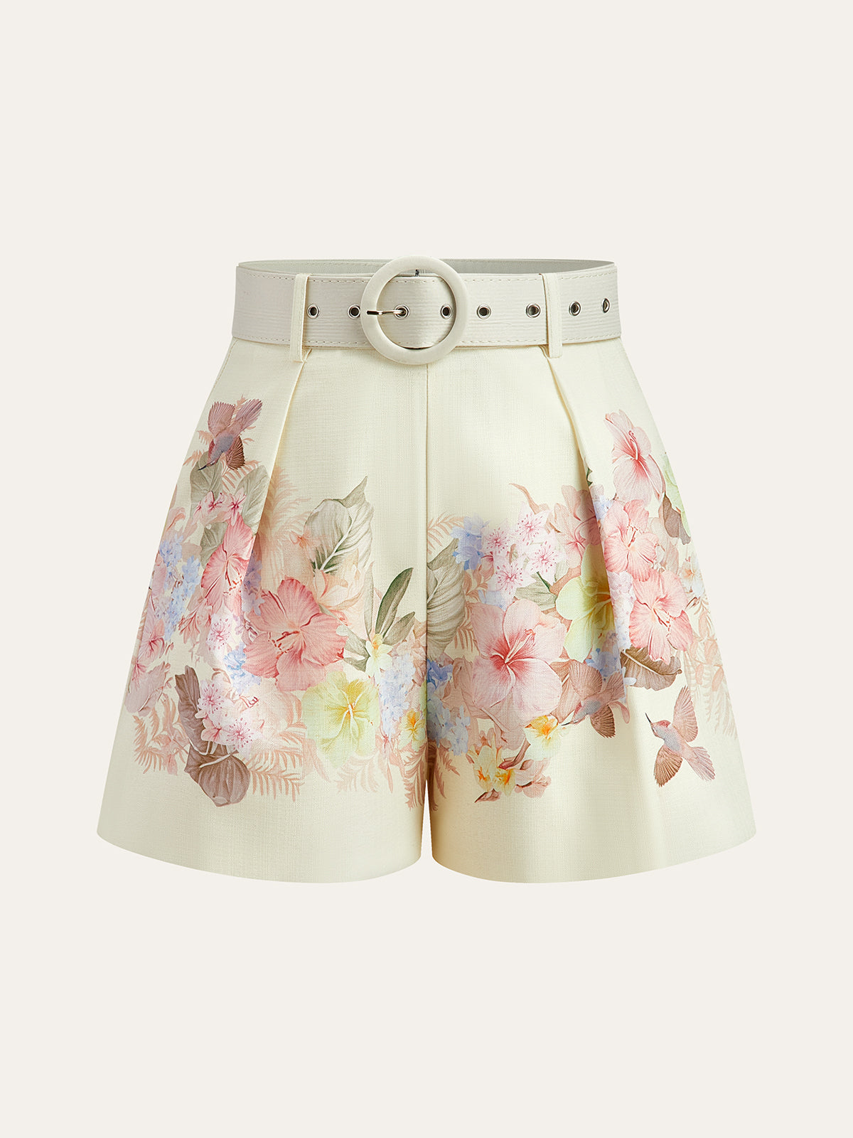 Floral Print Three-Piece Shorts Set With Belt-Massicos