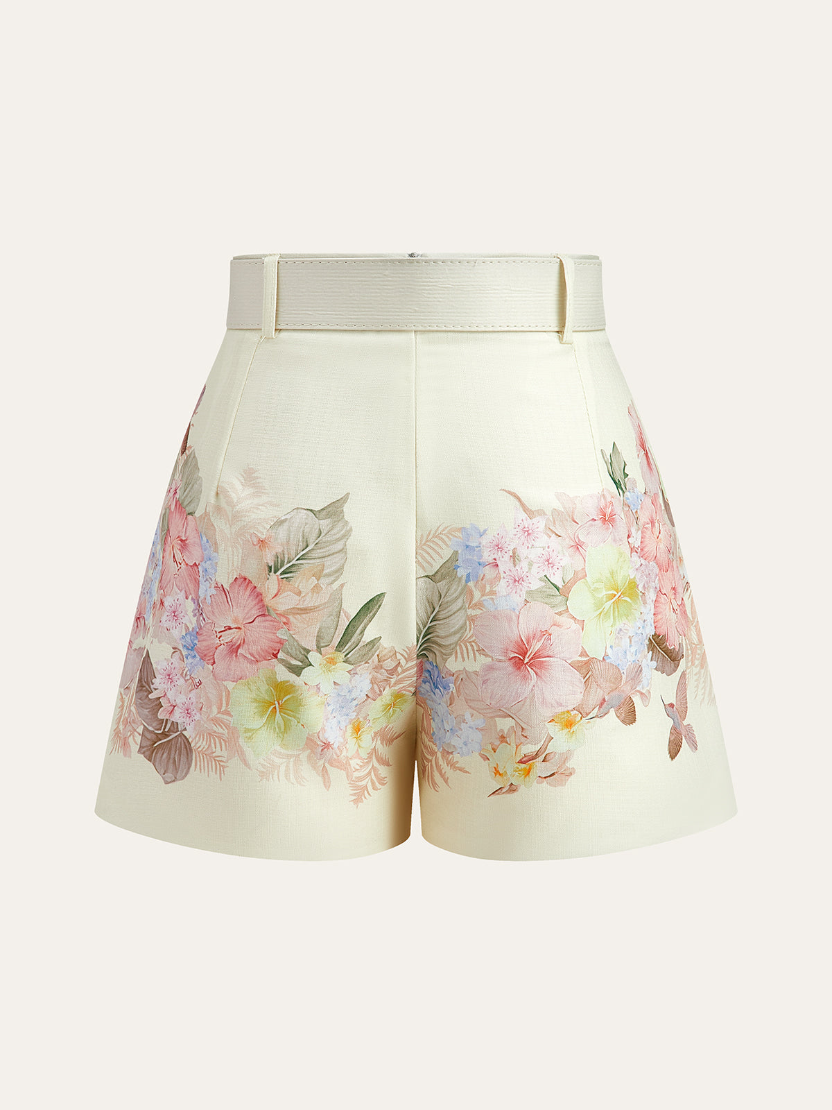 Floral Print Three-Piece Shorts Set With Belt-Massicos