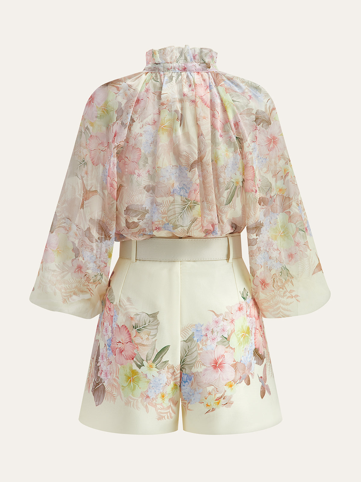 Floral Print Three-Piece Shorts Set With Belt-Massicos