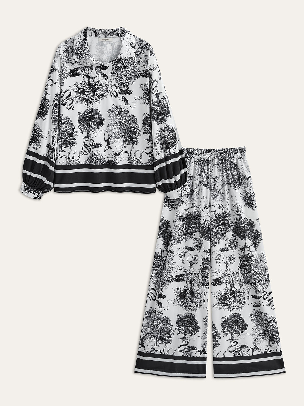 Printed Pants Set With Striped Trim-Massicos