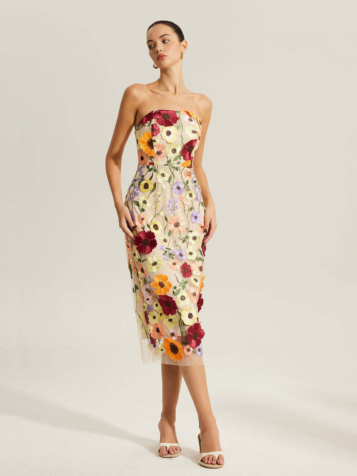 Semi-Sheer Embroidered Floral Dress With Clear Straps-Massicos
