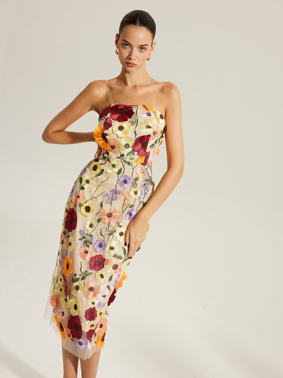 Semi-Sheer Embroidered Floral Dress With Clear Straps-Massicos
