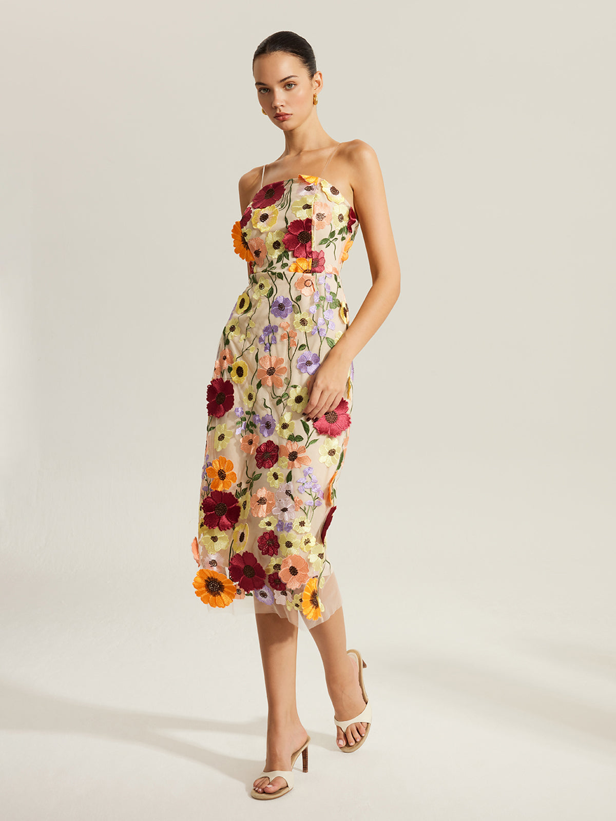 Semi-Sheer Embroidered Floral Dress With Clear Straps-Massicos