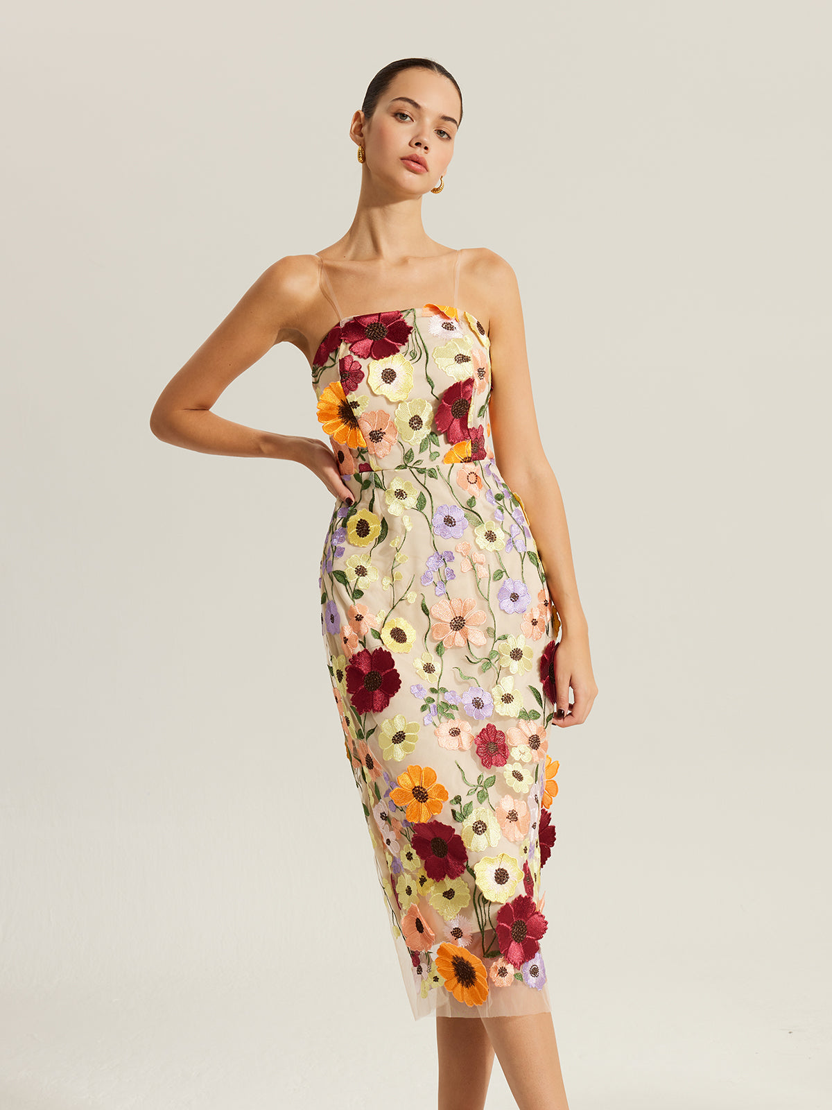 Semi-Sheer Embroidered Floral Dress With Clear Straps-Massicos