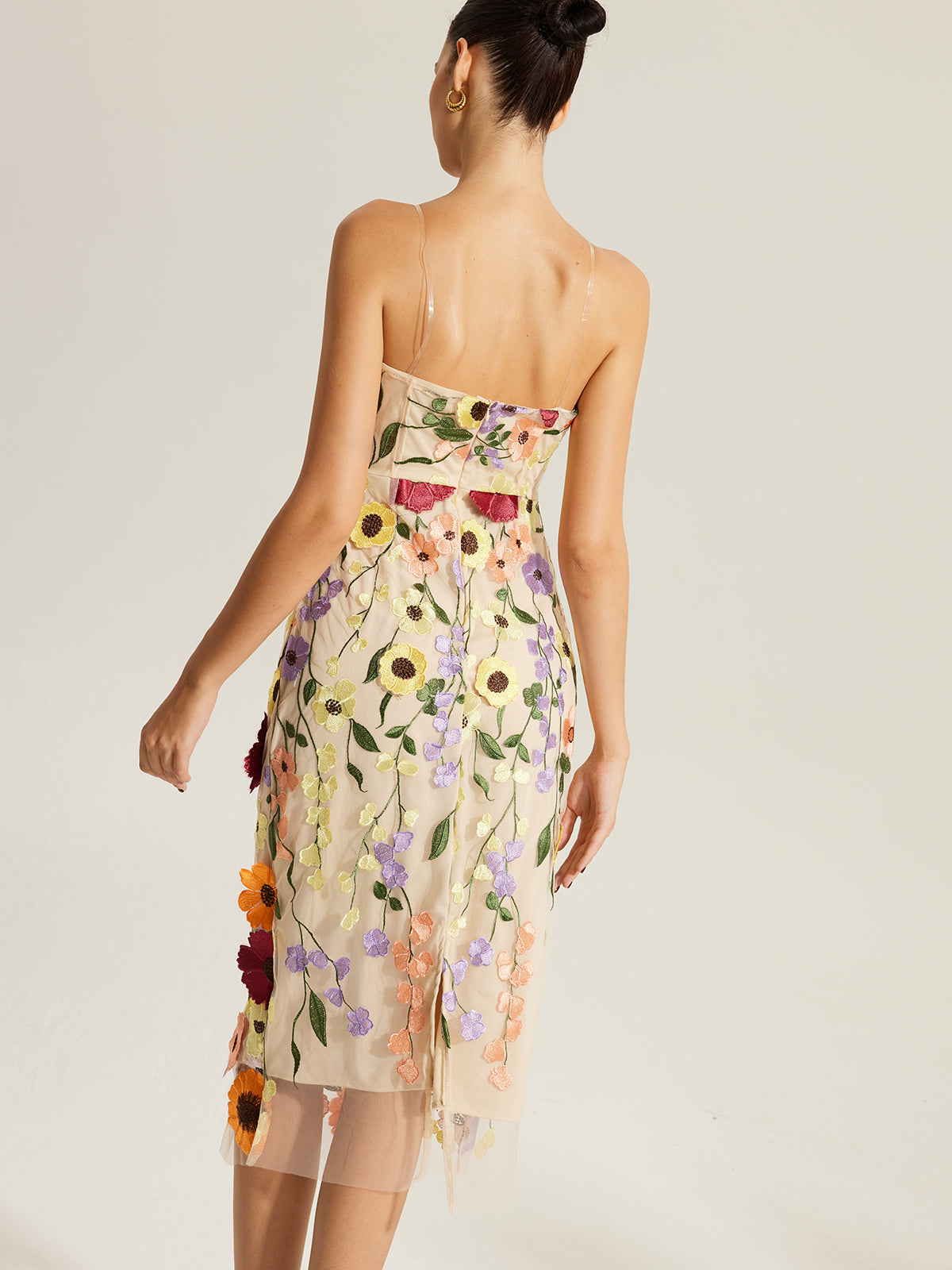 Semi-Sheer Embroidered Floral Dress With Clear Straps-Massicos
