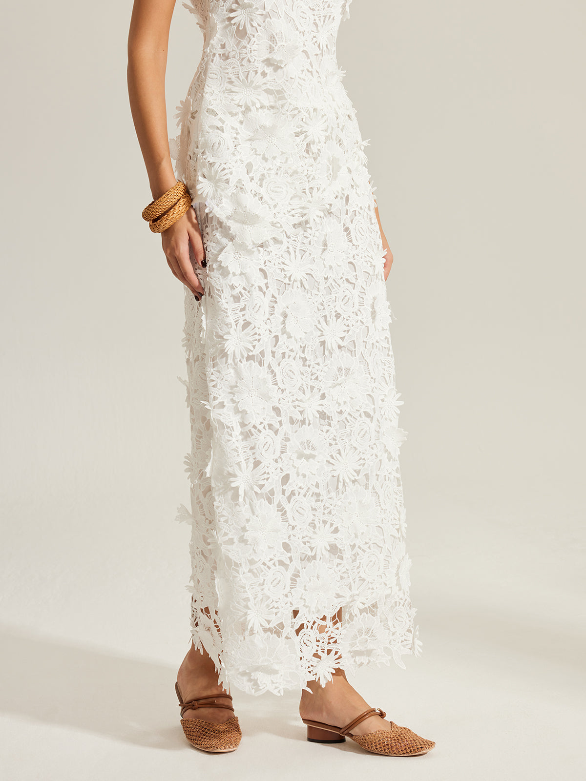 Floral Embroidered Semi-Sheer Lace Skirt-Massicos