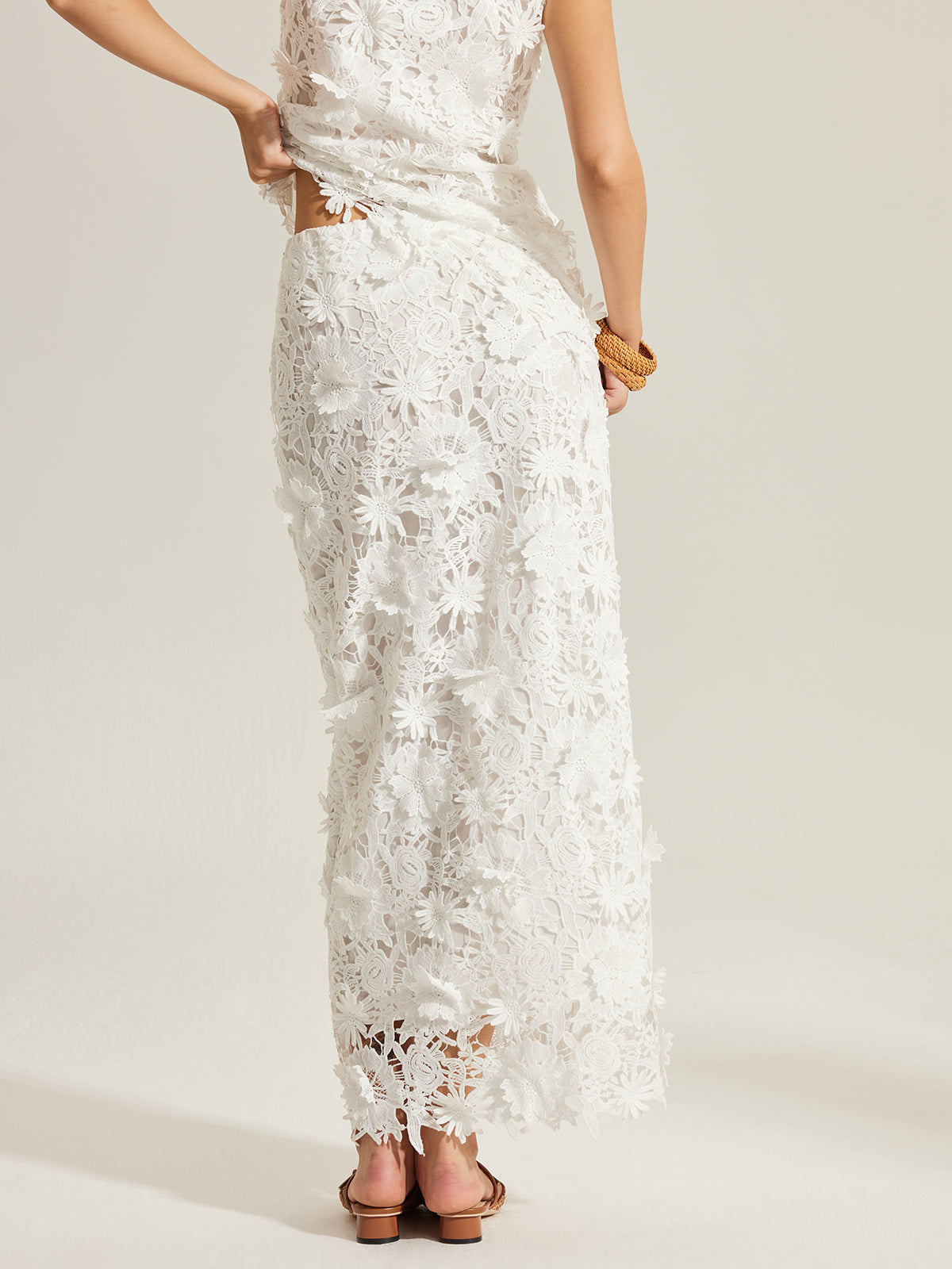 Floral Embroidered Semi-Sheer Lace Skirt-Massicos