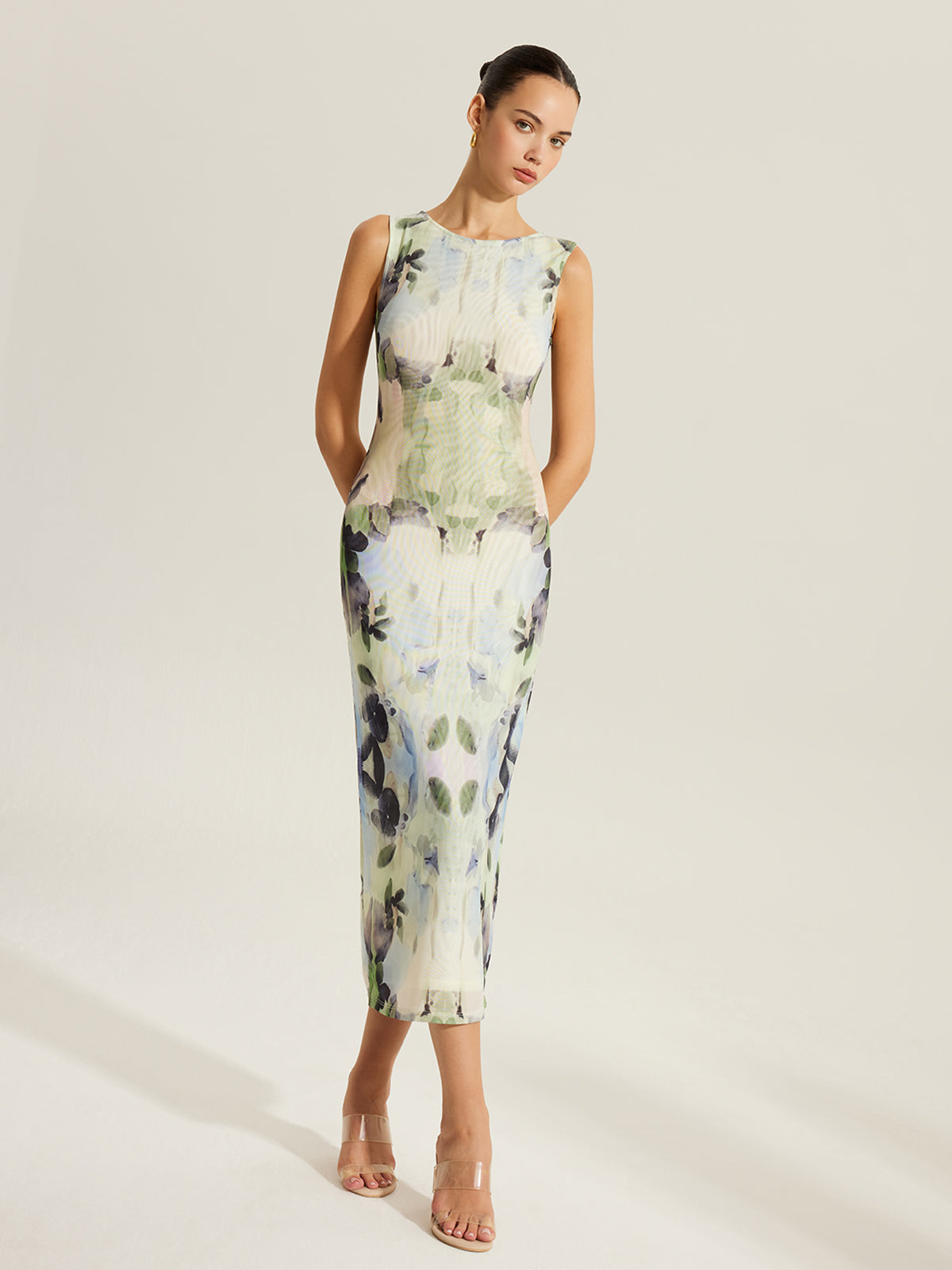 Floral Print Sleeveless Mesh Dress-Massicos