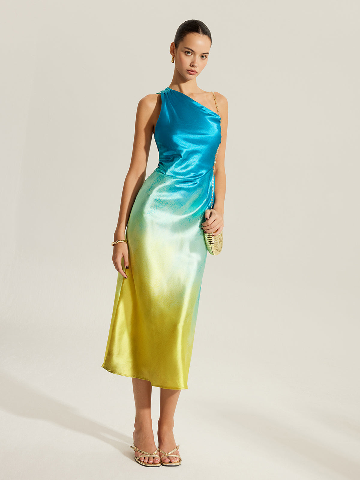Gradient Satin One-Shoulder Dress With Back Twist Detail-Massicos