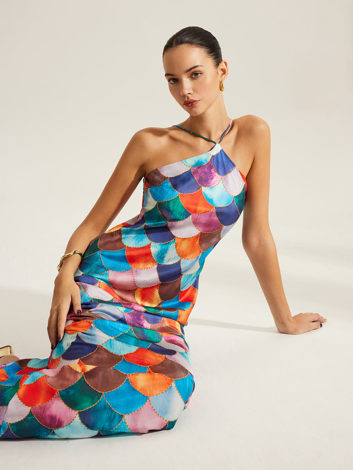Colorful Scales Pattern Halter Dress-Massicos
