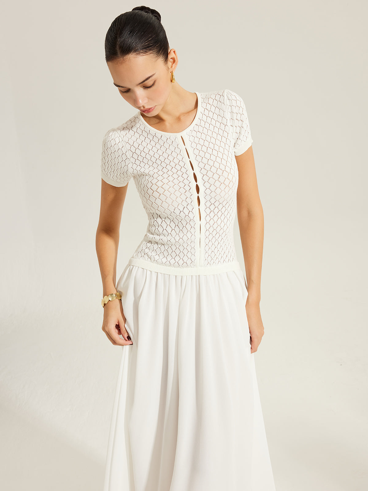 Sheer-Panel Button-Front Knit Dress-Massicos