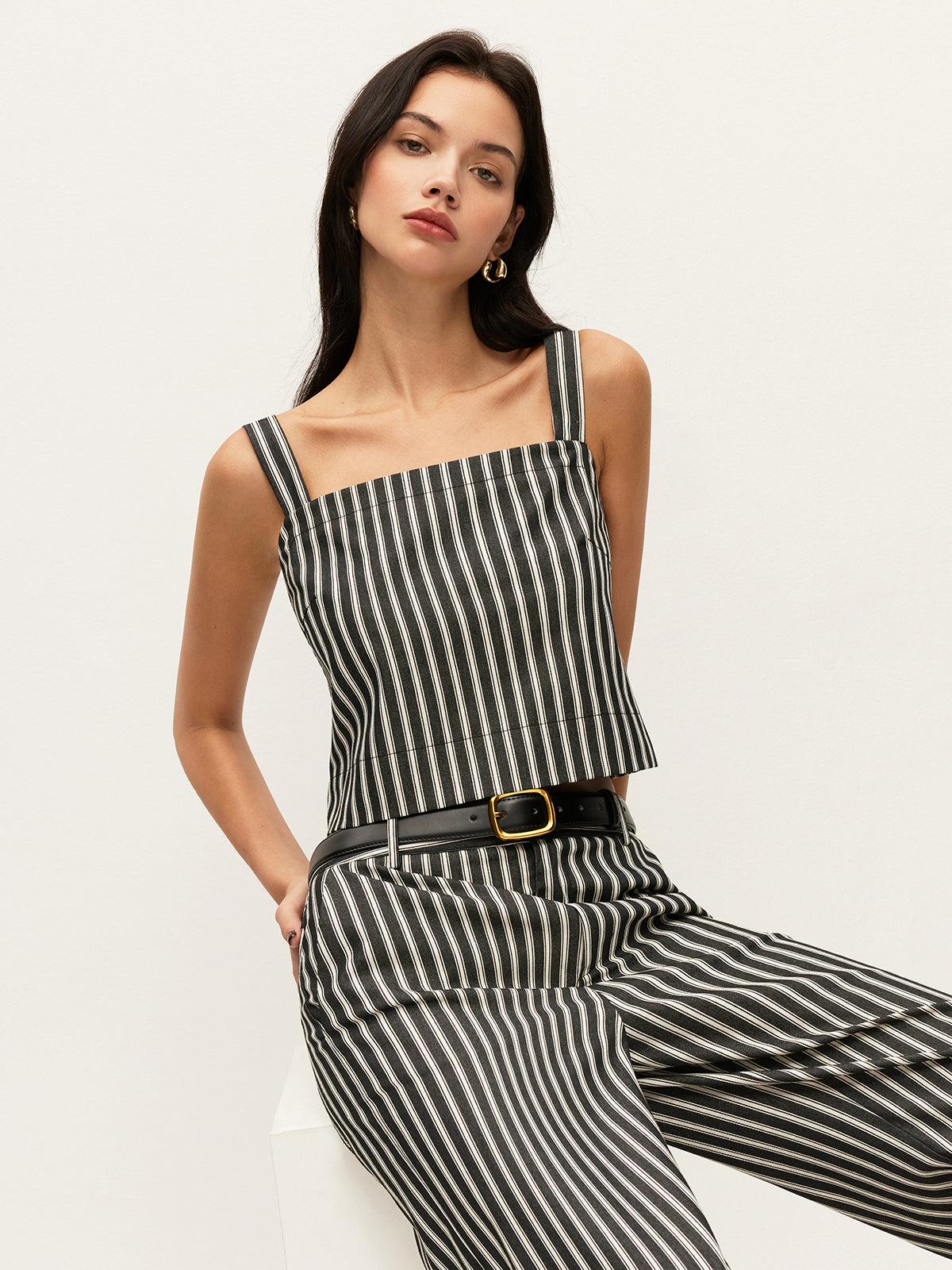 Square-Neck Pinstripe Sleeveless Top-Massicos