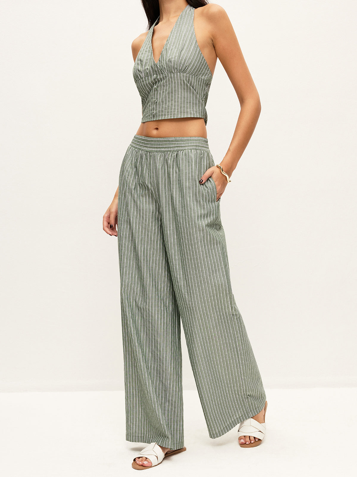 Striped Button-Detail Halter Top With Pants Set-Massicos