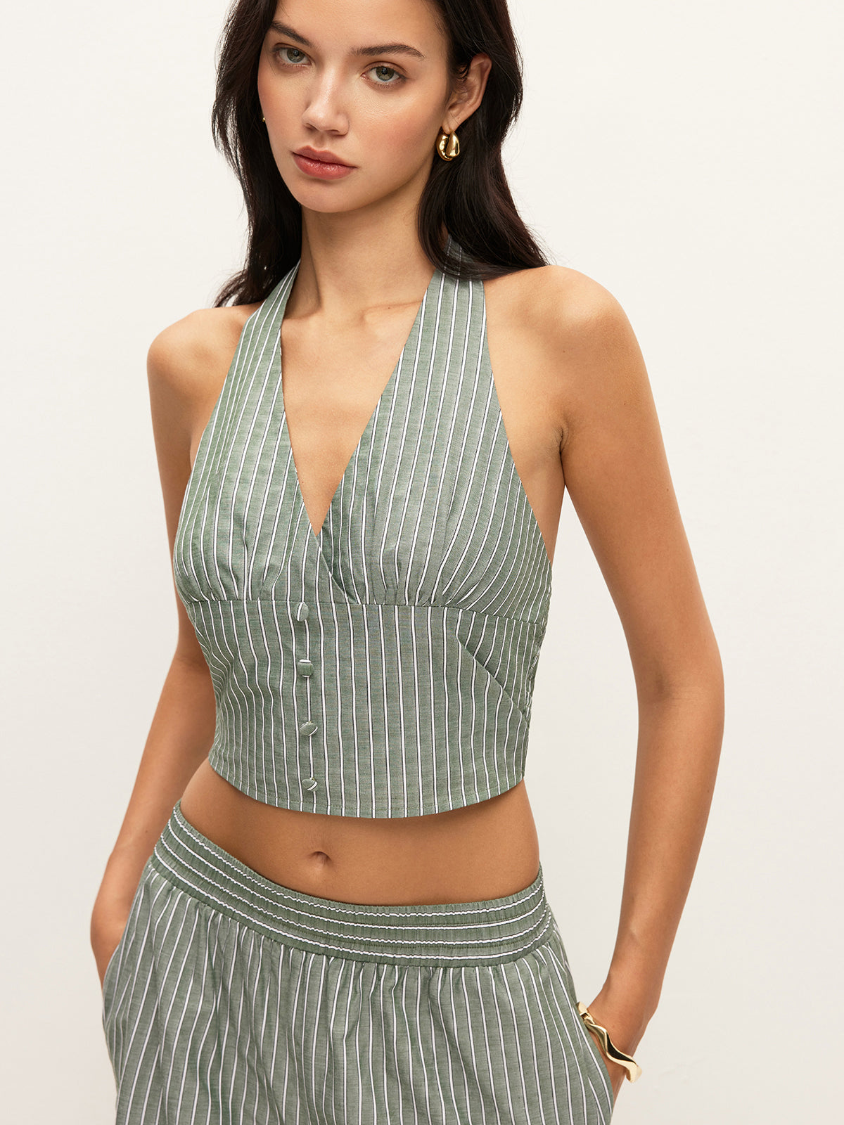 Striped Button-Detail Halter Top With Pants Set-Massicos
