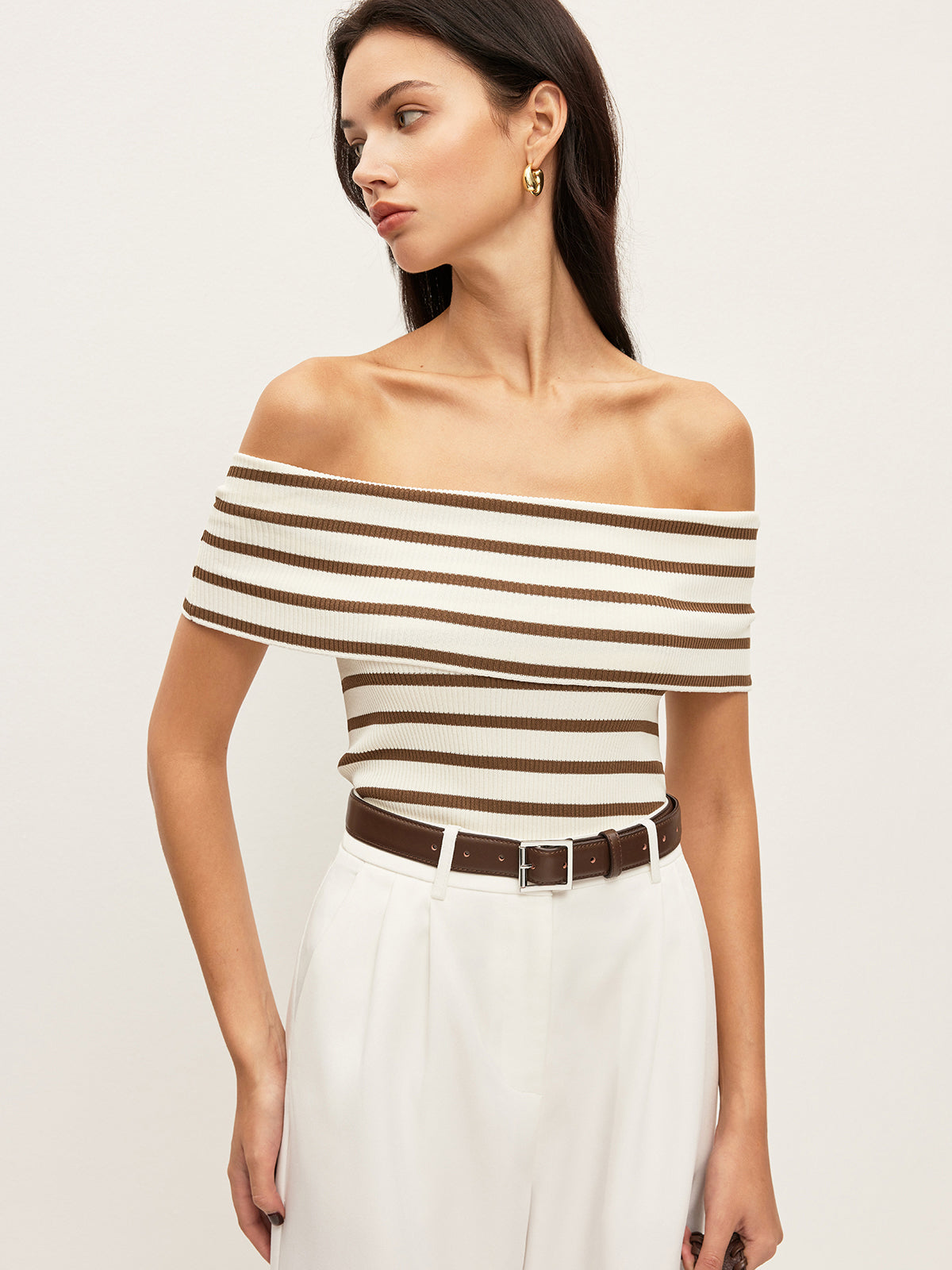 Striped Off-Shoulder Ribbed Top-Massicos