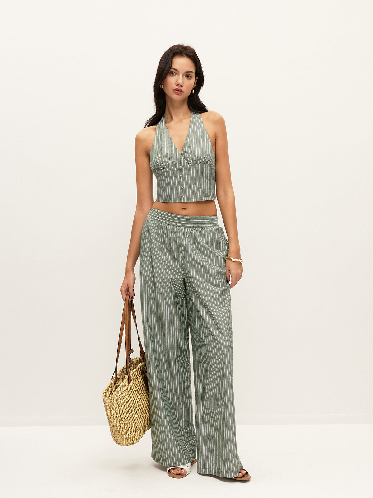 Striped Button-Detail Halter Top With Pants Set-Massicos