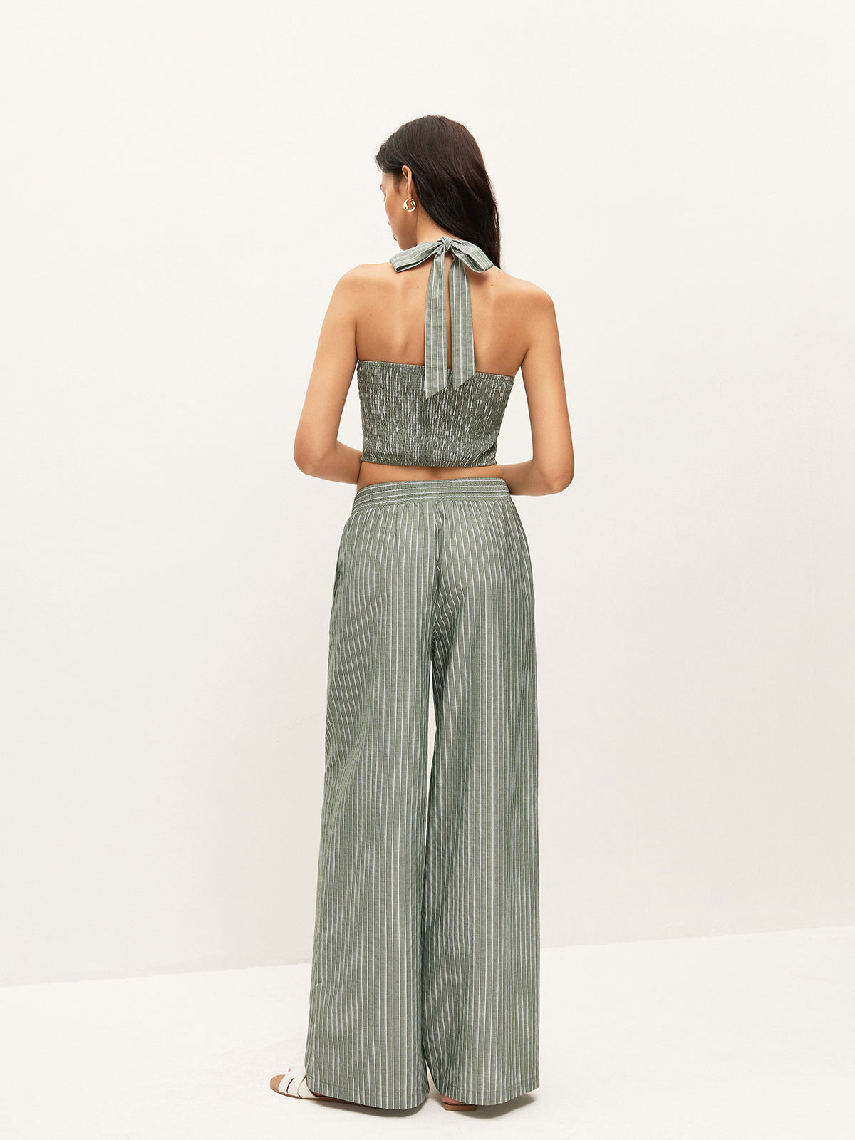 Striped Button-Detail Halter Top With Pants Set-Massicos