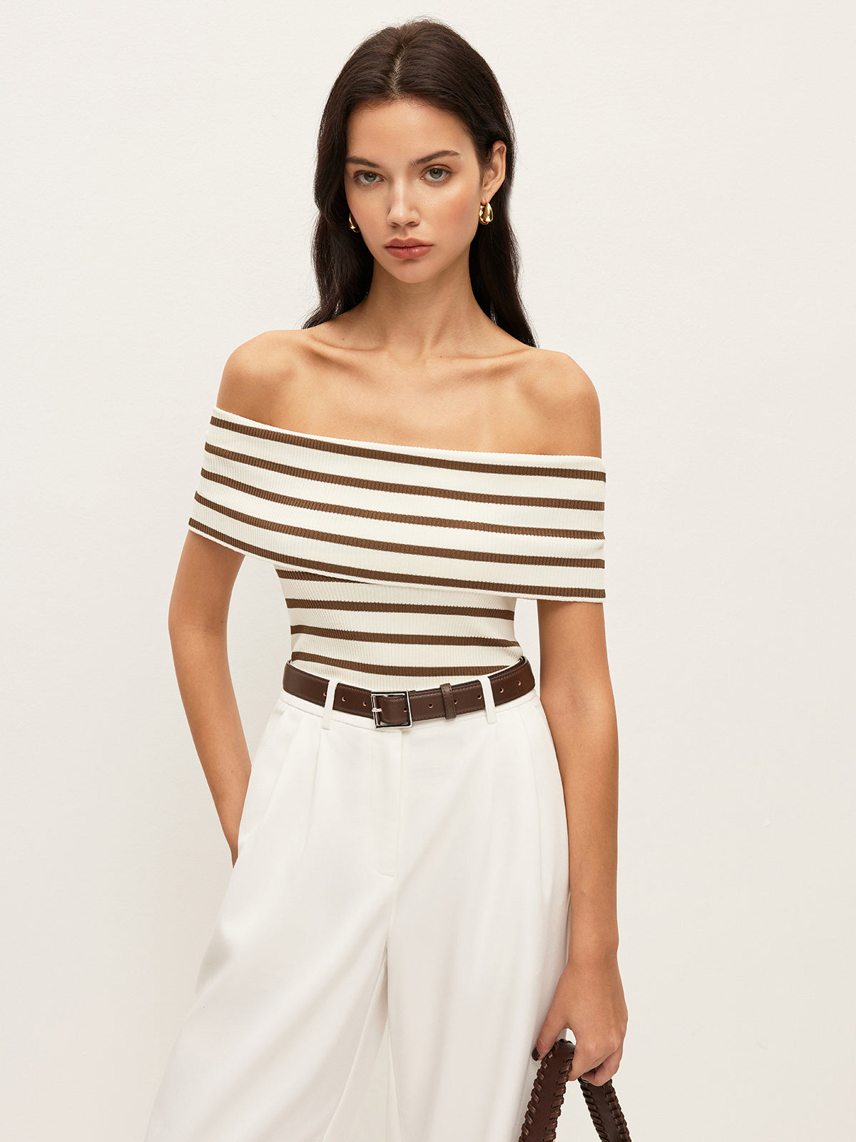 Striped Off-Shoulder Ribbed Top-Massicos