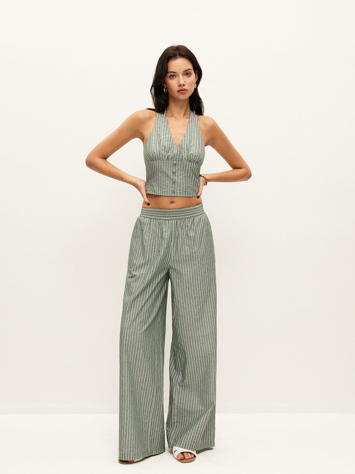 Striped Button-Detail Halter Top With Pants Set-Massicos
