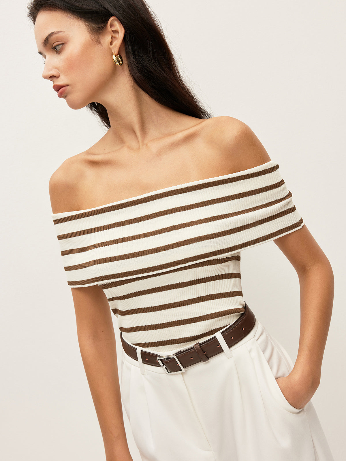 Striped Off-Shoulder Ribbed Top-Massicos