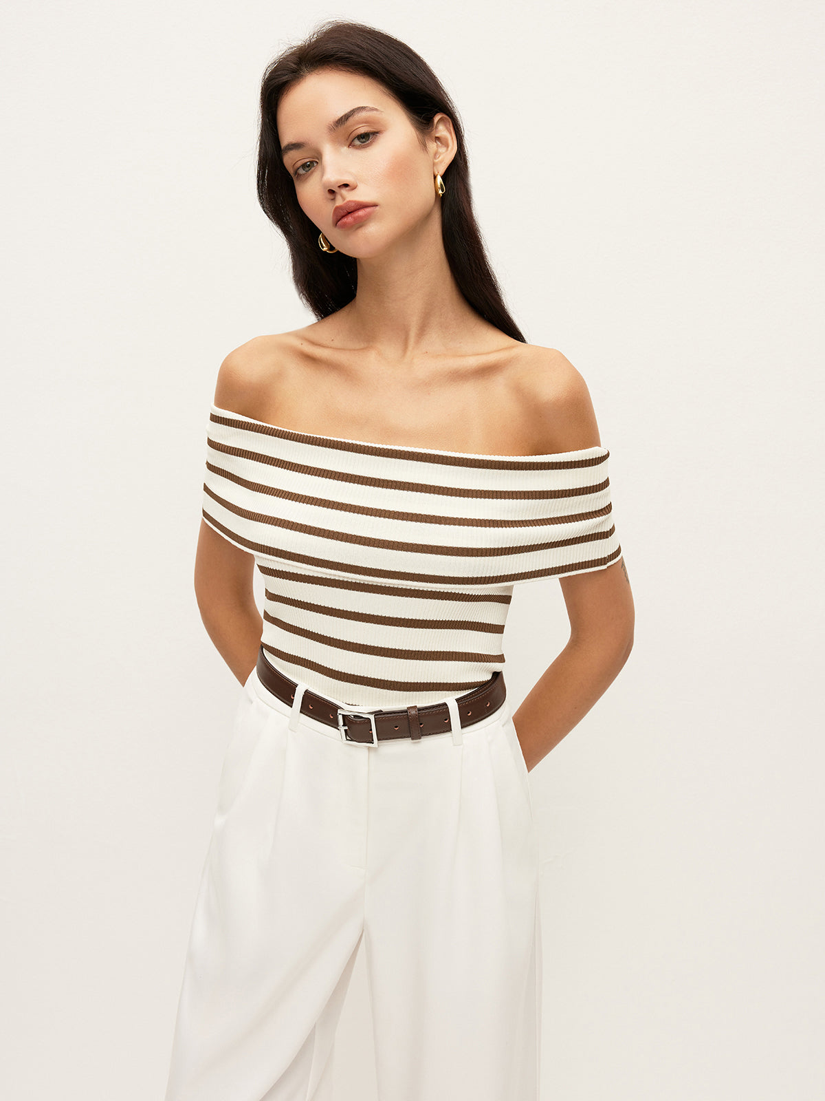 Striped Off-Shoulder Ribbed Top-Massicos