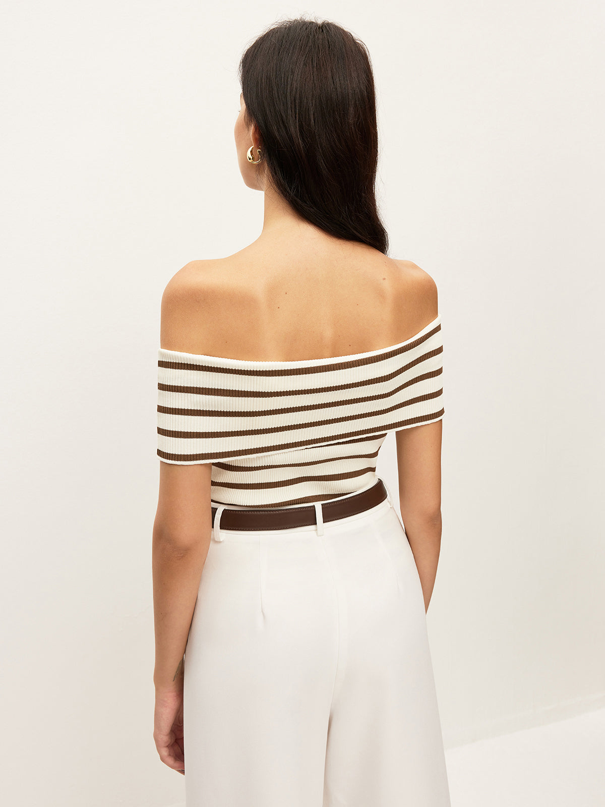 Striped Off-Shoulder Ribbed Top-Massicos
