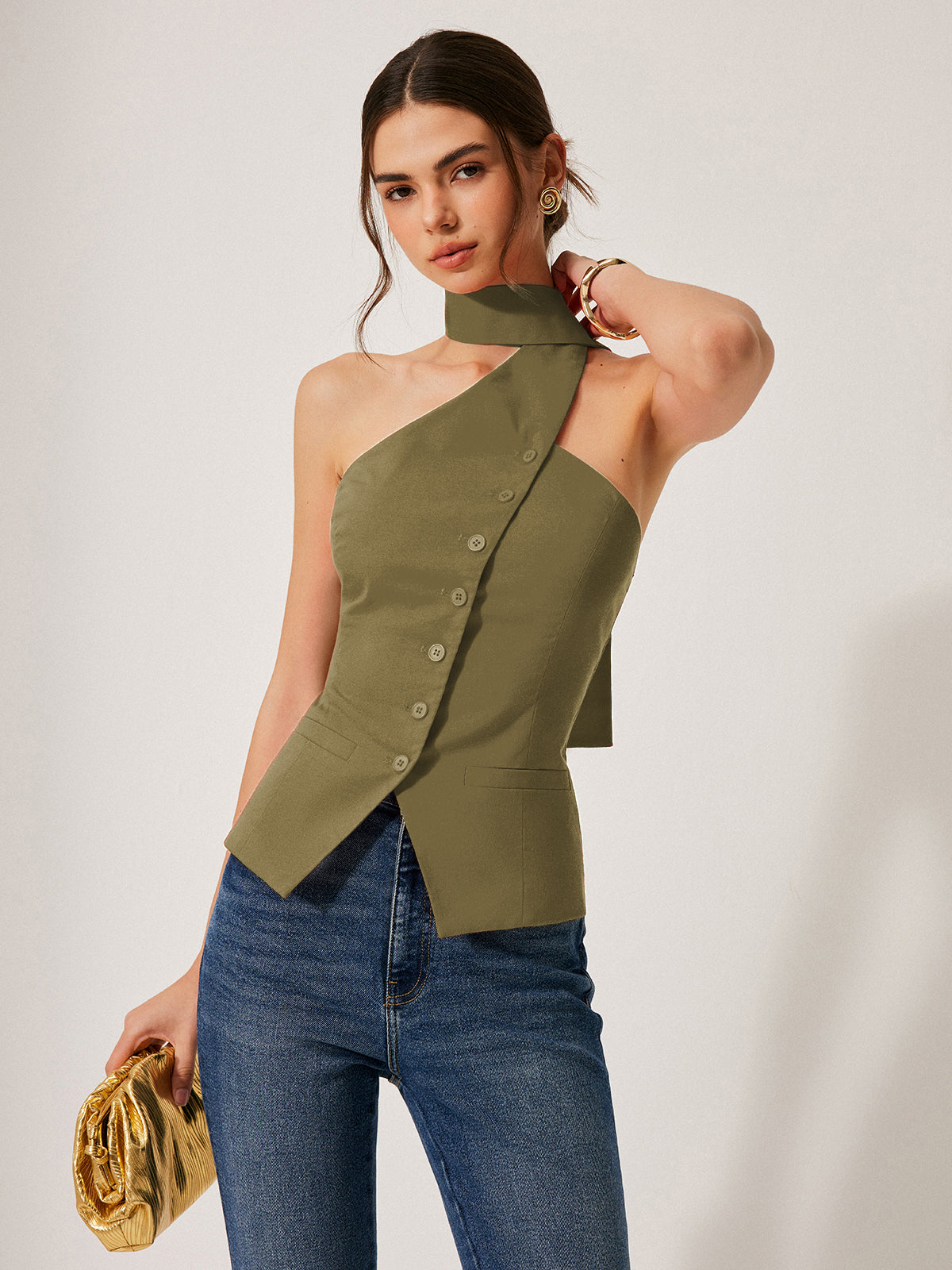 Cotton & Linen Halter Top With Decor Pockets-Massicos