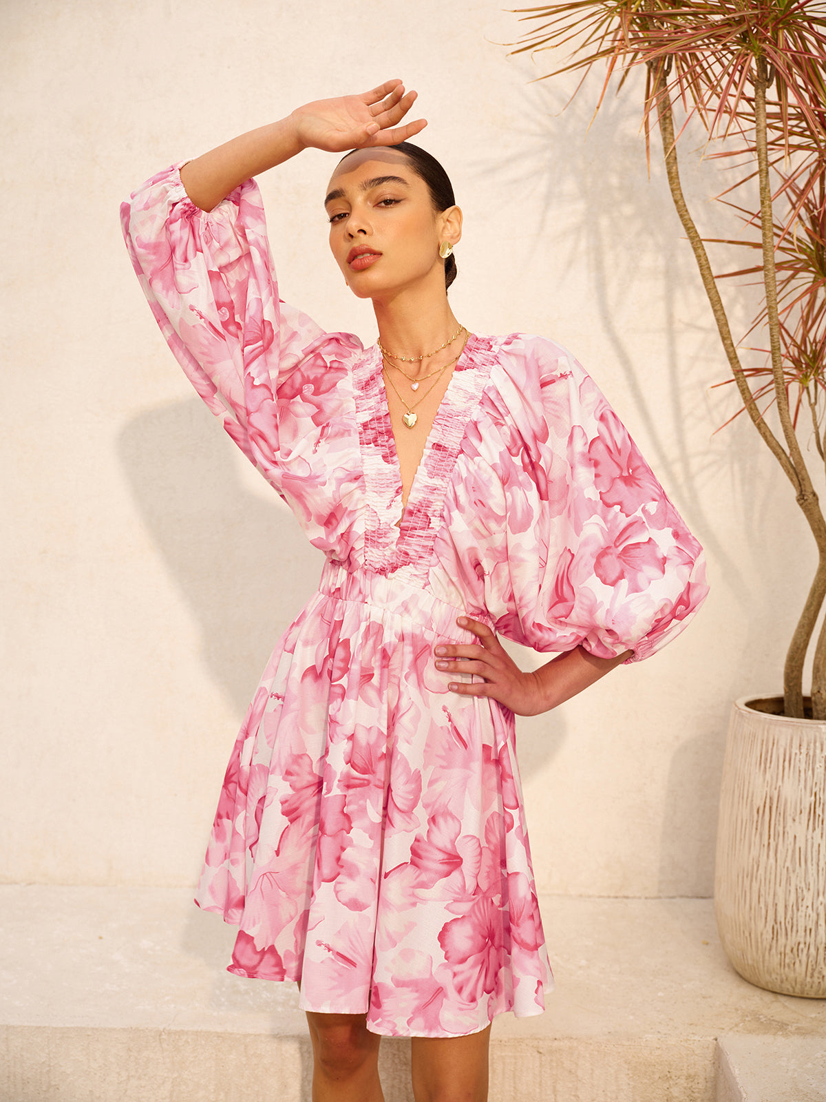 Floral Puff Sleeve Ruched V-Neck Dress-Massicos