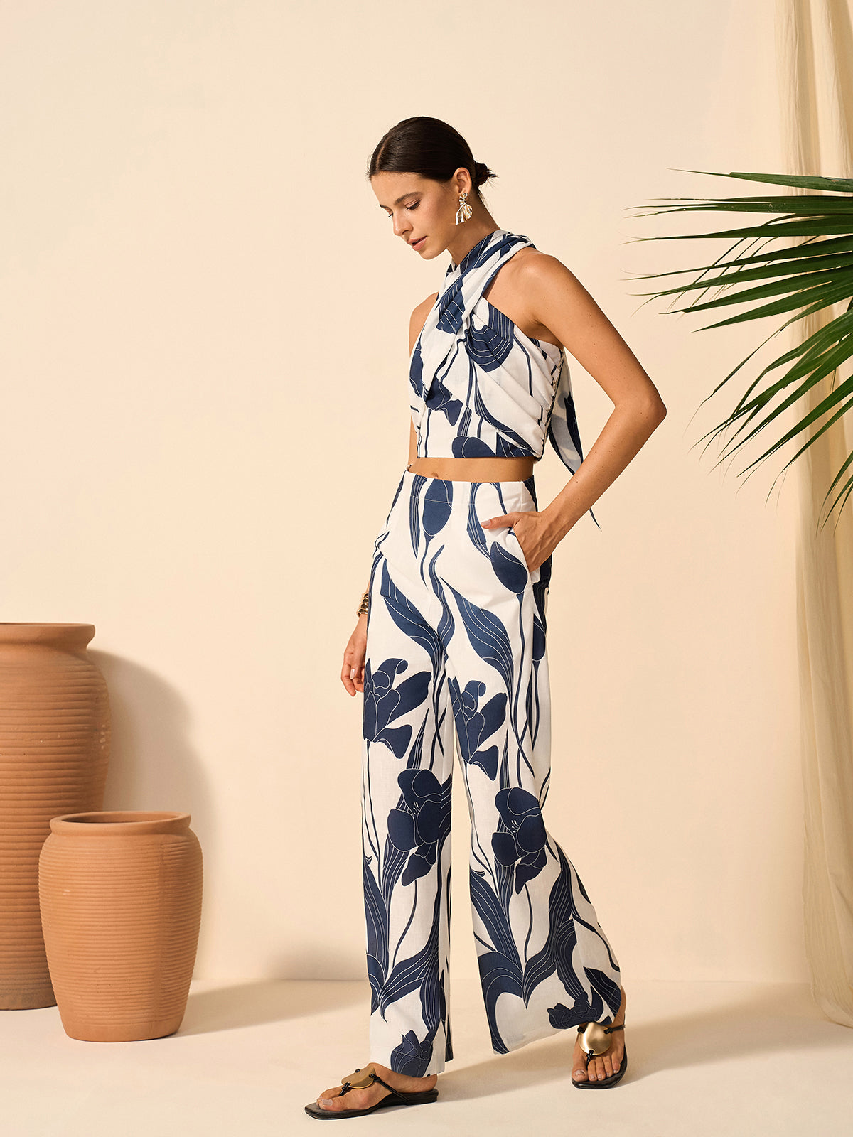 Floral Print Halter Top With Pants Set-Massicos