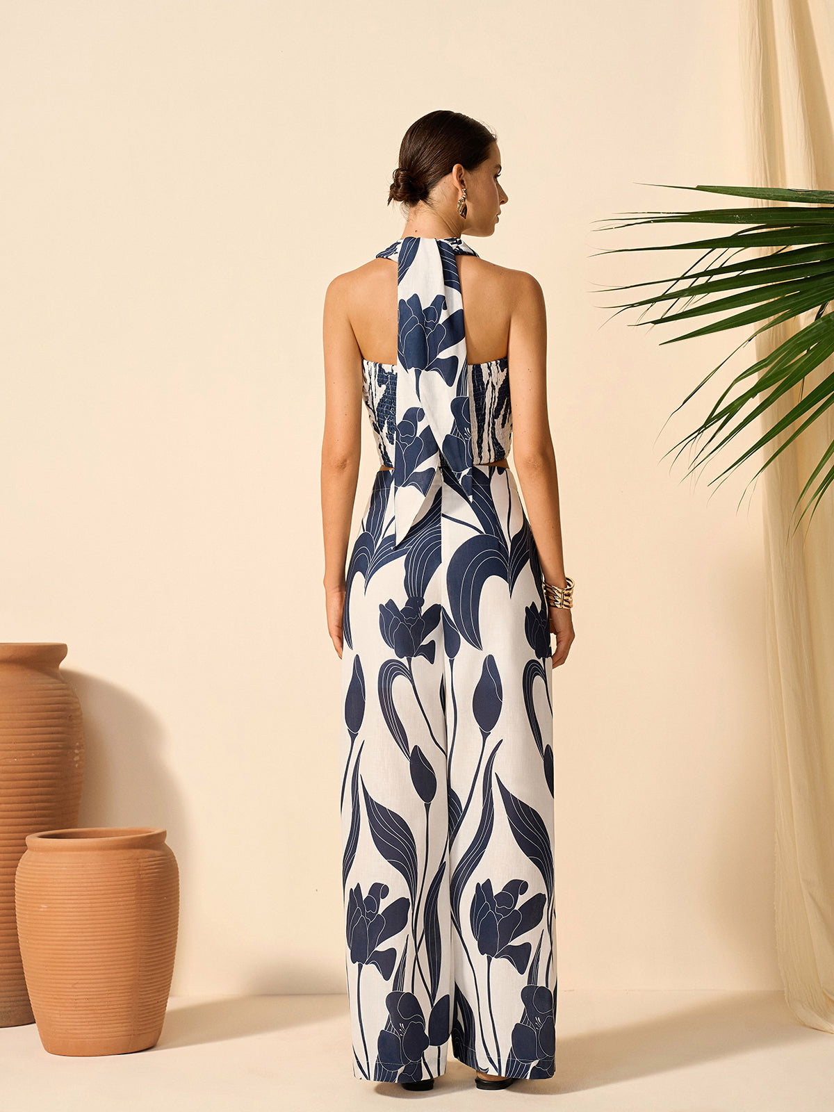 Floral Print Halter Top With Pants Set-Massicos
