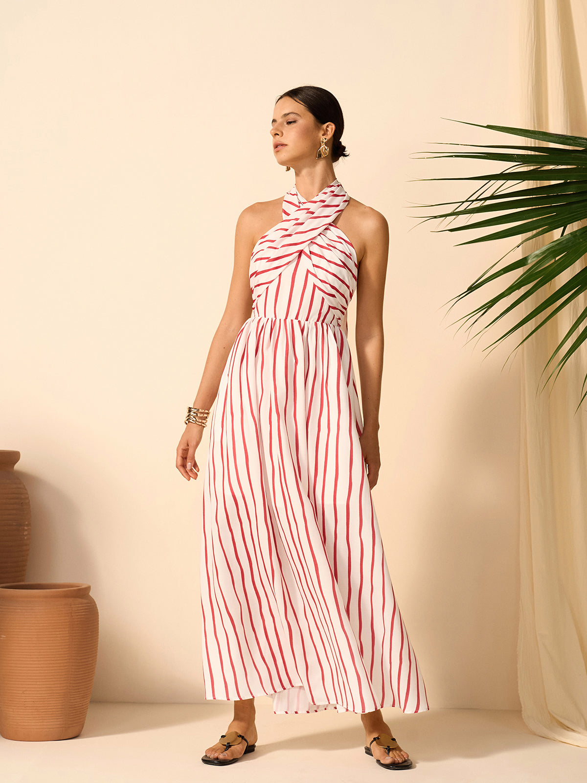 Striped Twist Halter Dress-Massicos