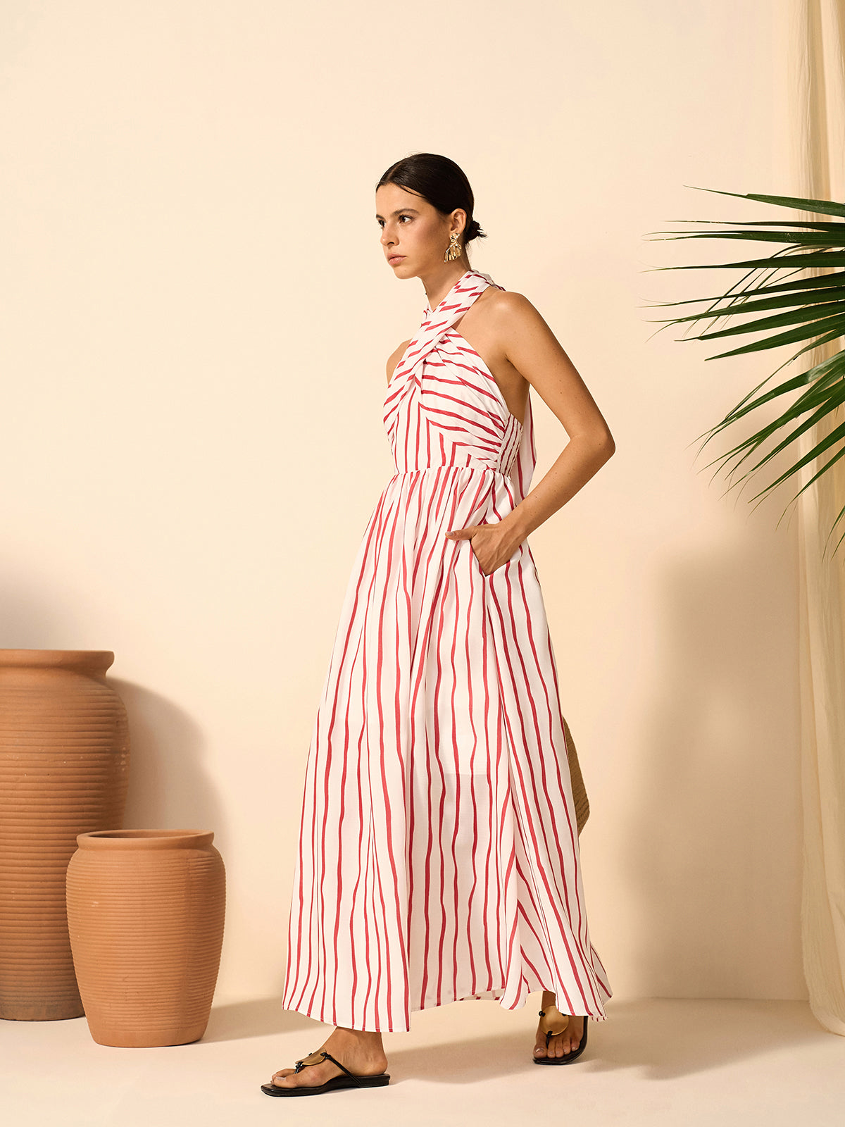 Striped Twist Halter Dress-Massicos