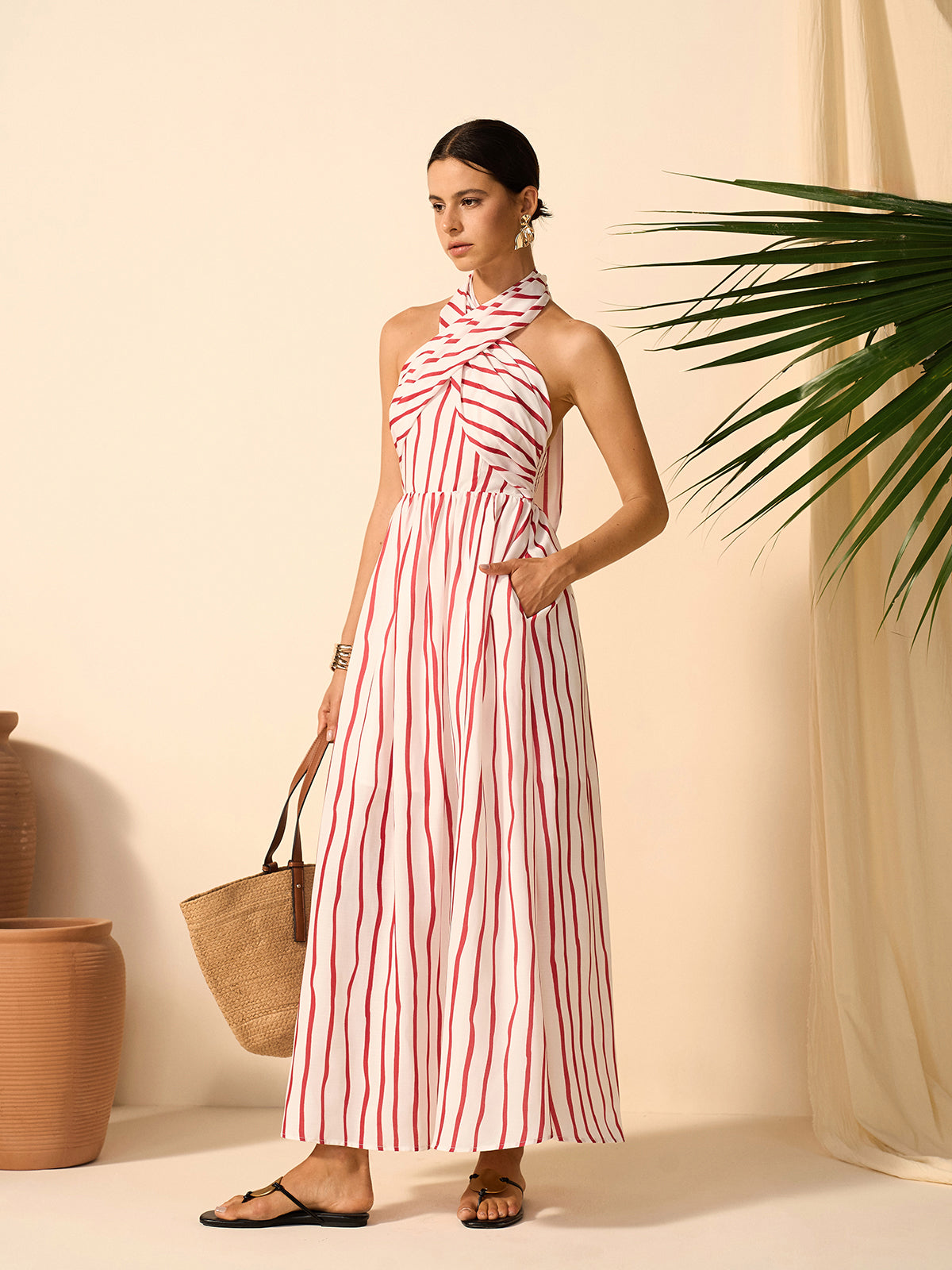 Striped Twist Halter Dress-Massicos
